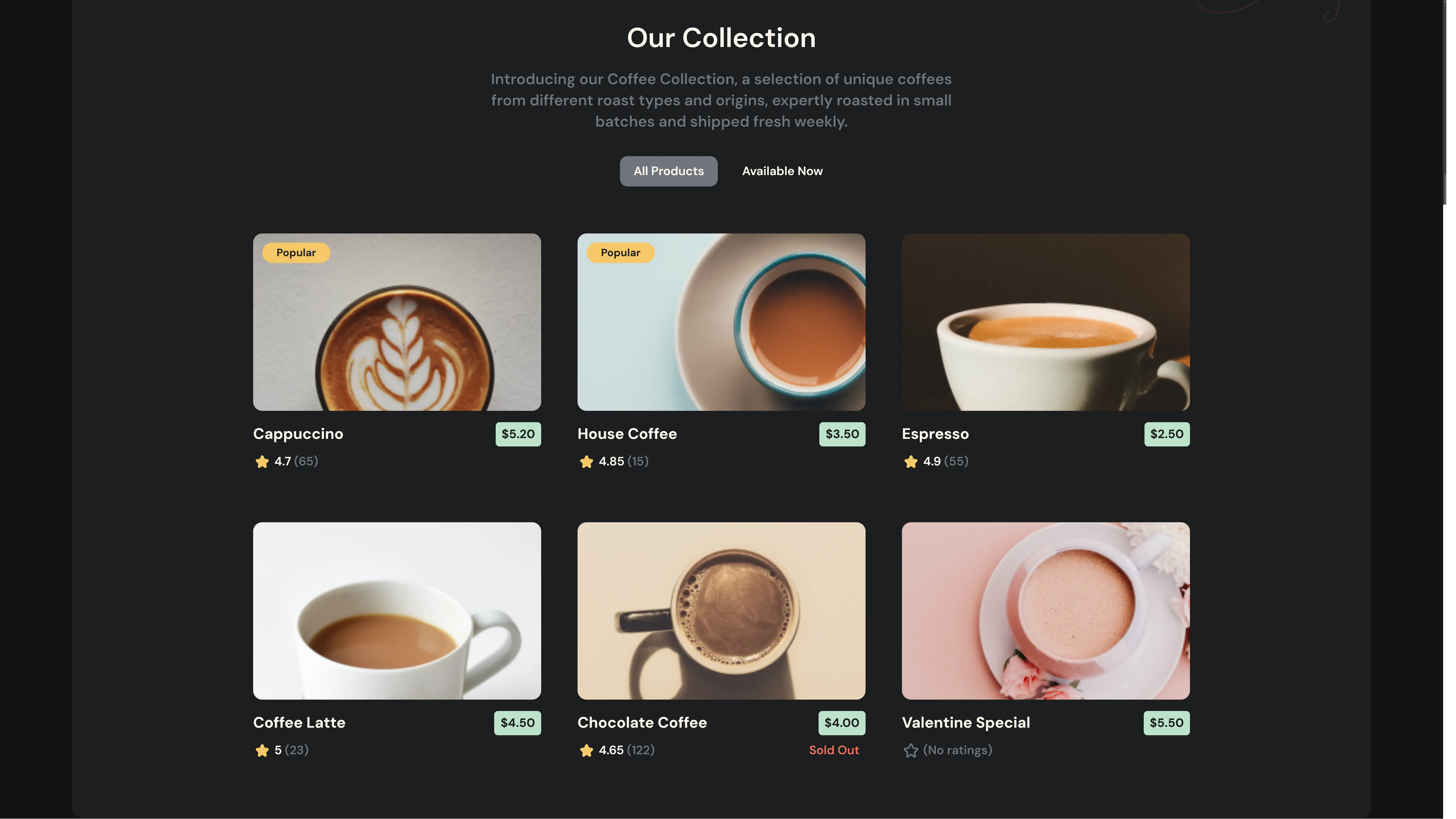 Coffee Listing Page